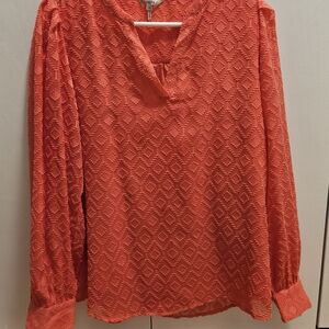 Esqualo Long Sleeve Textured Geometric Women's Blouse Coral Sheer Ruffle Sleeve